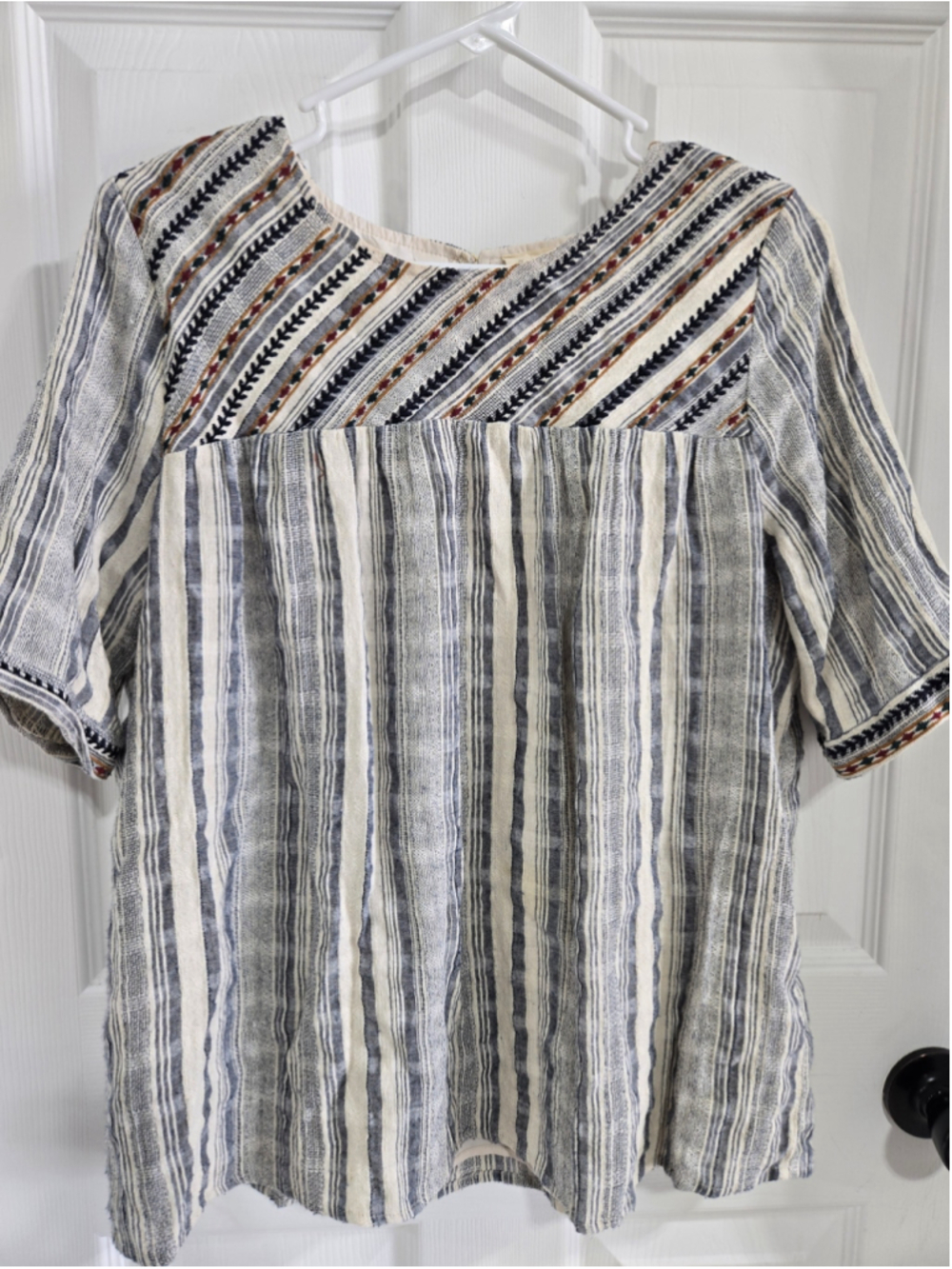 Women's Orange Creek Blouse Size M White Blue Striped Embroidered Top